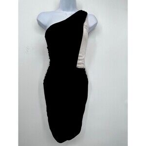 Womens BEBE Off White Bodcon Mini Dress Sz XS Mesh Inset Ruched Cocktail Party